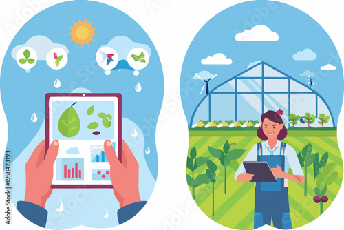Sustainable agriculture visualized through technology and modern greenhouse practices