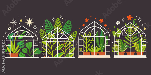 Four ornate greenhouses showcase vibrant plants through seasonal changes