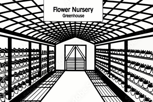 Black and white illustration of a greenhouse with rows of potted plants