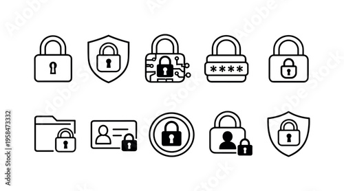 Collection of security and privacy icons featuring locks, shields, and identification elements