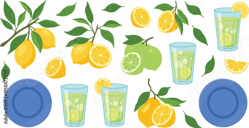 Refreshing Lemon and Lime Drink Collection with Glasses, Slices, and Greenery for Summer, Beverage, and Healthy Drink Designs