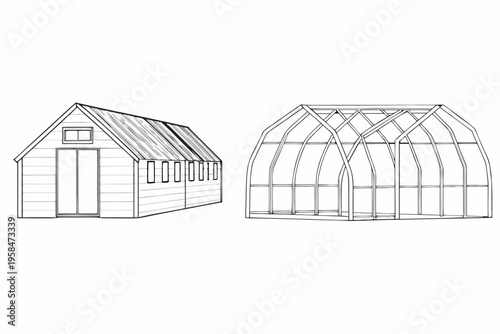 Line drawing of two different shed designs one traditional one arched