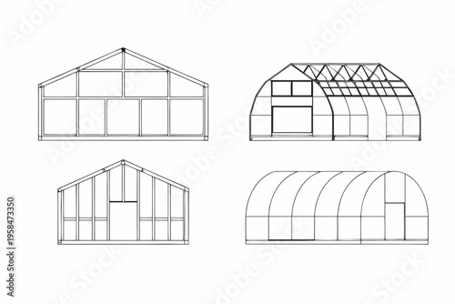 Architectural diagrams of greenhouse structures in varying designs and perspectives