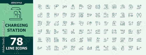 Charging Station icon set. Contains such icons as power, electricity, solar, charger, eco, electricity, electric and more. Charger icon set. Thin outline icons pack. Vector artwork and illustration.