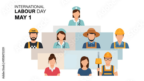 International Labor Day: Symbolic illustration representing a diverse array of workers, celebrating labor day. Commemorating the dedication and effort that drive the global economy.