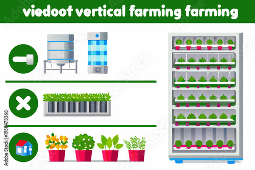 Illustration of modern vertical farming systems and components for plant growth
