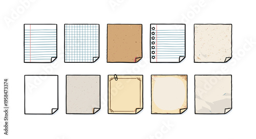 Collection of diverse paper sheets with different textures and rulings for notes