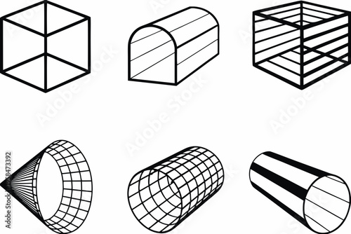 Isometric geometric shapes cube cylinder cone and truncated forms