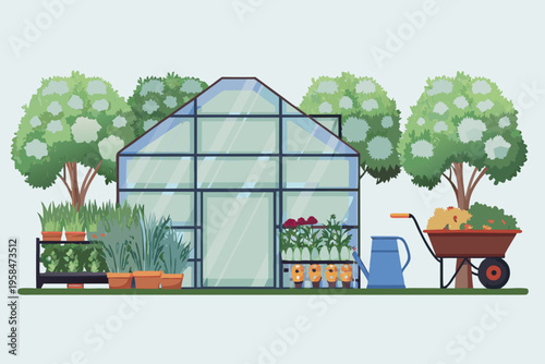 A colorful illustration depicts a greenhouse with plants and gardening tools