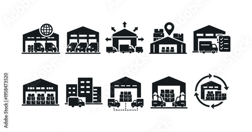 Collection of warehouse and logistics icons representing delivery and storage operations