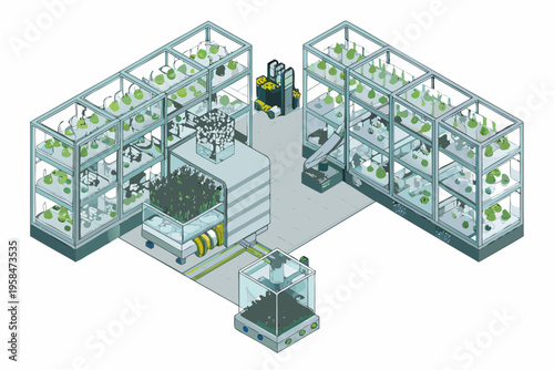 Isometric illustration of a futuristic indoor vertical farming facility