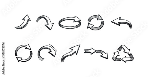 Collection of hand-drawn arrows and recycling symbols in a sketchy doodle style