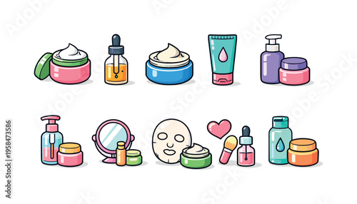 Collection of cute skincare products and beauty essentials for a healthy routine