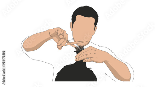 Haircut Technique: A stylist meticulously trims hair with precision, demonstrating the art of hairstyling and transformation.
