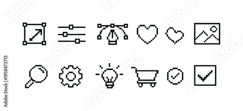 Collection of pixel art icons representing common digital interface elements and actions