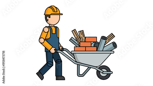 Construction Worker: A determined construction worker transports materials in a wheelbarrow, symbolizing the diligence and effort behind building and construction.