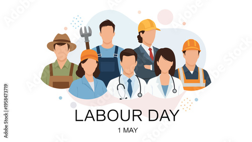 Labour Day Illustration: A colorful illustration celebrating Labour Day, showcasing a diverse array of professions. symbolizing the dedication and contributions of workers