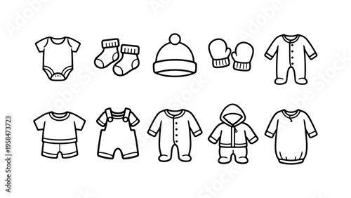 Collection of simple line art icons representing various baby clothing items