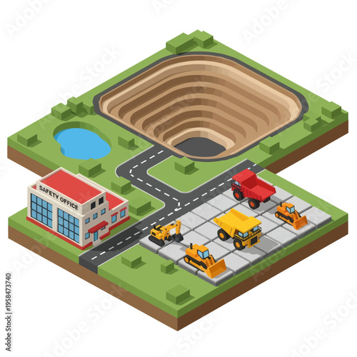 Isometric Construction Site with Vehicles and Building.