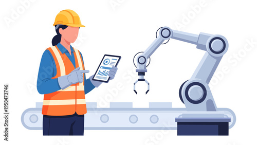 Automation Control: An engineer monitors robotic arm and production line, overseeing the automation process, embodying precision and technological advancement.