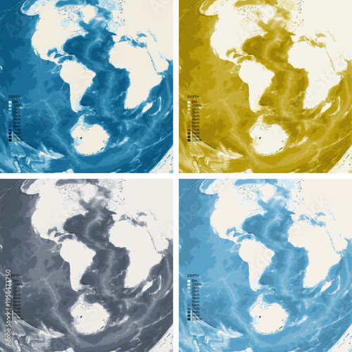 World from S O Paulo Bathymetric Ocean Depth Map - Azimuthal Equidistant Projection - Scalable Multi-Color Seafloor Relief Topography with Depth Legend Showing Continental Shelves Mid-Ocean Ridges