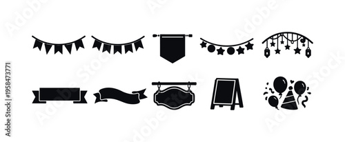 Collection of festive celebration and decorative elements in silhouette style