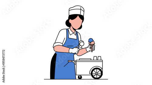 Ice Cream Delight: An illustration depicts an ice cream vendor scooping a delightful treat from a charming cart, ready to serve and bring joy to customers.