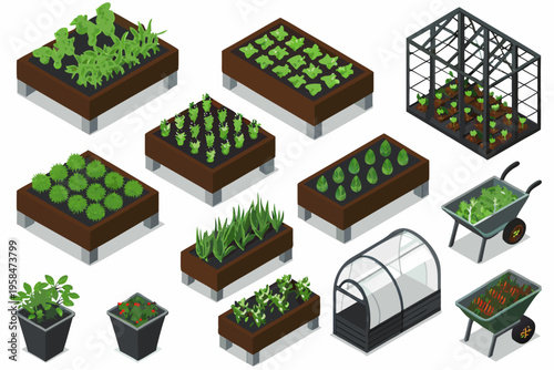 Isometric garden beds greenhouse and tools for growing plants