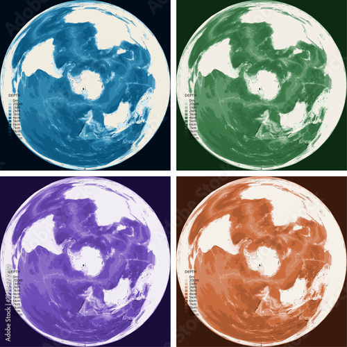 World from South Pole Bathymetric Ocean Depth Map - Azimuthal Equal-Area Projection - Scalable Multi-Color Seafloor Relief Topography with Depth Legend Showing Continental Shelves Mid-Ocean Ridges