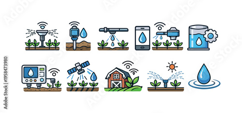 Smart farming technology icons illustrating automated irrigation and crop monitoring systems