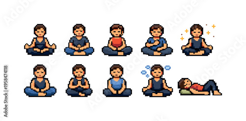 Pixel art collection of people meditating and resting in various poses
