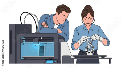 3D Printing Innovation: A man and woman collaborate on a 3D printing project, one overseeing the printing process while the other carefully handles the intricate output.