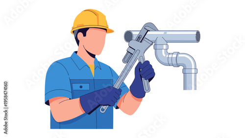 Craftsman at Work: A skilled craftsman, clad in a protective helmet, meticulously works on plumbing. He expertly handles wrenches. This illustrates dedicated maintenance.