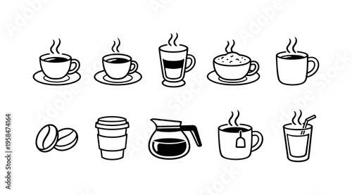 Collection of hot beverage icons including coffee cups, tea, and coffee beans