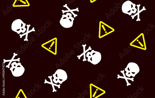 毒や警告をイメージしたドクロと注意マークの総柄シームレス背景素材 / Seamless pattern of skulls and warning signs