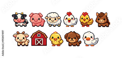 Cute pixel art farm animals and barn collection for children's designs