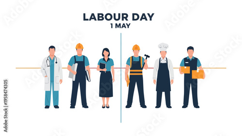 Labour Day illustration: a composition depicting several working people, highlighting their importance in society, in celebration of Labour Day. 