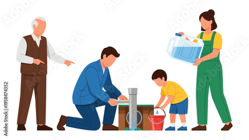 Family water pump: A family gathers to a water pump with water filled containers, a child helping filling a bucket. This visual captures family teamwork, environmental responsibility.