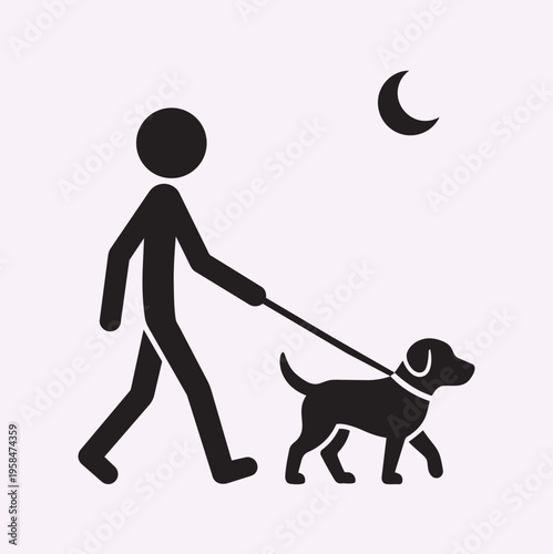 Stick Figure Walking Dog Under Moon Evening Routine Concept Minimal Vector Silhouette Illustration