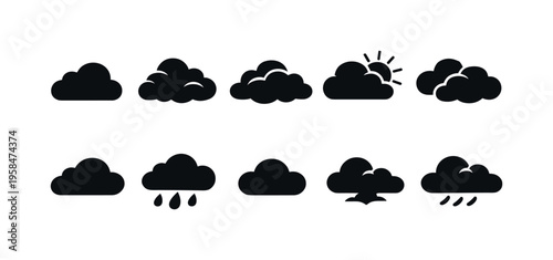 Collection of diverse cloud icons representing various weather conditions and atmospheric phenomena