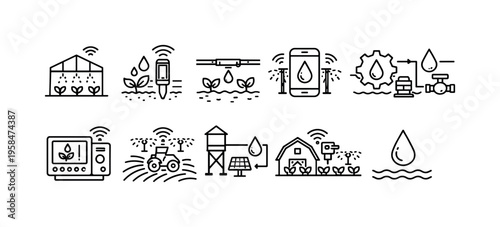 Smart farming technology icons illustrating precision agriculture and automated irrigation systems