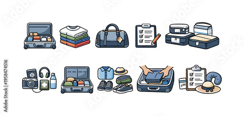 Packing for a trip: suitcases, clothes, accessories, and checklist icons
