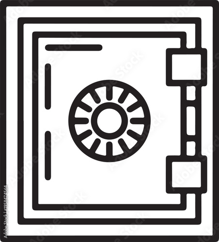 A black and white line art illustration depicting a closed safe with a combination dial
