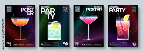 Colorful posters set of abstract cocktails. Gradient illustrations with various types of glasses with different alcohol drinks. Modern design graphic for invitation, flyer, wall art, banner, cover