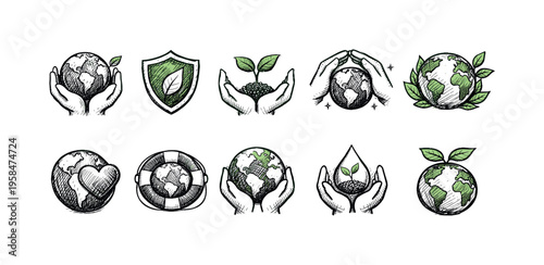Collection of hand-drawn icons representing environmental protection and care for the planet