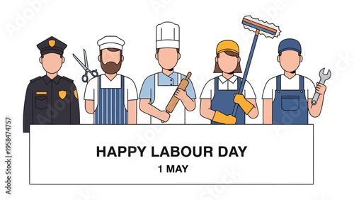Labour Day Illustration: A colorful illustration celebrates Labor Day, showcasing diverse professions such as law enforcement, culinary arts, and cleaning services. 