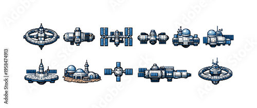 Collection of pixel art space stations and futuristic orbital structures