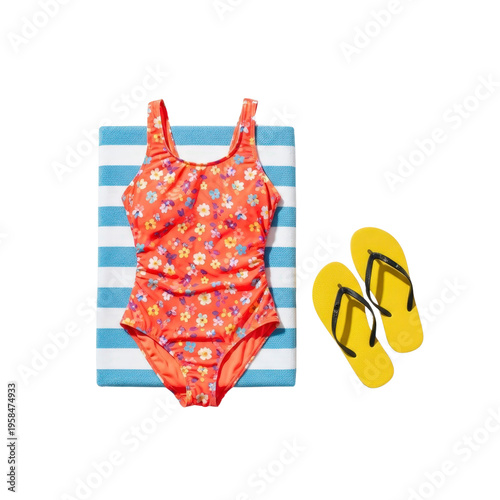 Beachwear with swimsuit and flip flops on towel