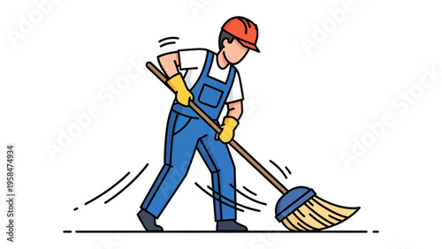Man Cleaning with Broom: A diligent worker wearing a protective helmet and gloves meticulously sweeps with a broom, ensuring cleanliness and order. Embodying the spirit of hard work and dedication.