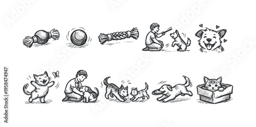 Cute hand-drawn illustrations of playful pets and their toys, showing joy and companionship
